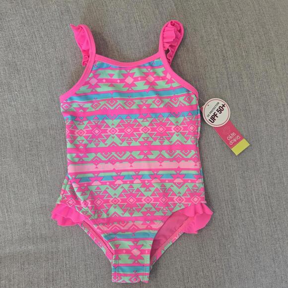 Okie Dokie One Piece Swimsuit Toddler Girl 4T Bright Pink Ruffles NWT Patterned - Picture 1 of 8